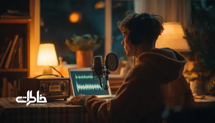 جوانی در حال ضبط پادکست در اتاقی گرم و صمیمی با نور ملایم شب و لپ‌تاپ روشن | مجله خاطرات