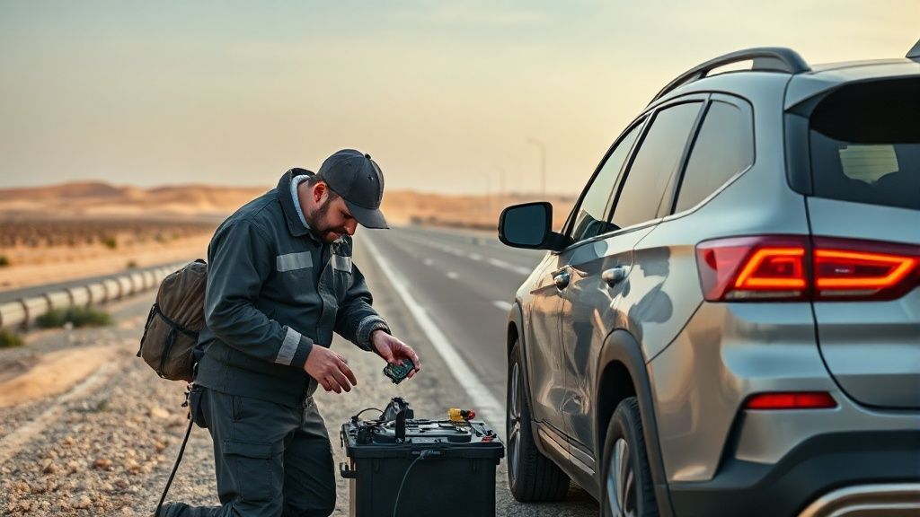 تست باتری خودرو توسط امدادگر کرمان موتور در جاده