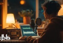 جوانی در حال ضبط پادکست در اتاقی گرم و صمیمی با نور ملایم شب و لپ‌تاپ روشن | مجله خاطرات