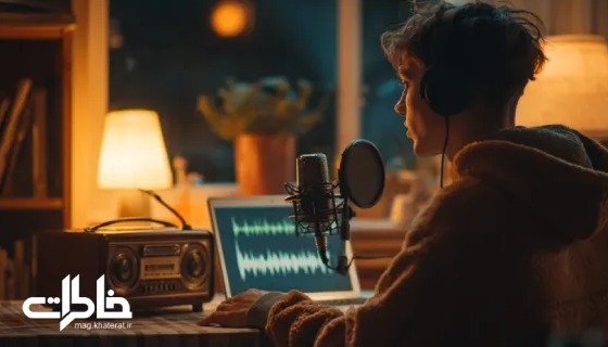 جوانی در حال ضبط پادکست در اتاقی گرم و صمیمی با نور ملایم شب و لپ‌تاپ روشن | مجله خاطرات