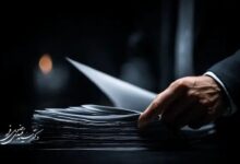 دست وکیل در حال مرور و مرتب‌سازی اوراق یک پرونده قضایی حساس