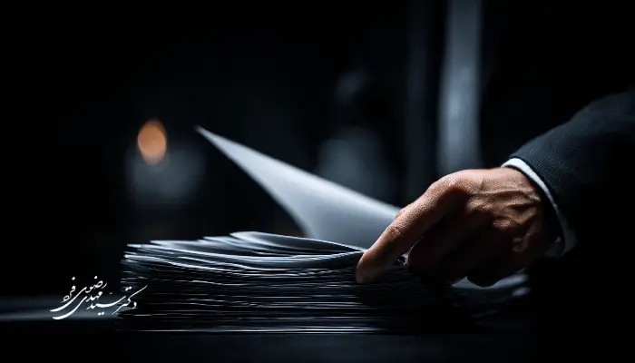 دست وکیل در حال مرور و مرتبسازی اوراق یک پرونده قضایی حساس