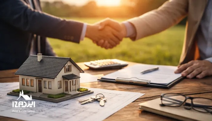 معامله خرید زمین در فضای باز؛ دست‌دادن خریدار و فروشنده بالای میز چوبی با ماکت خانه، کلیدها و مدارک قرارداد، با پس‌زمینه مزرعه و نور غروب.