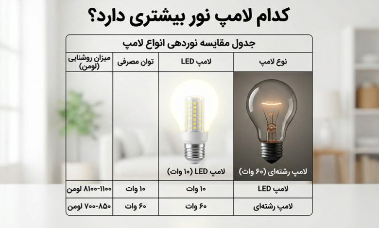 کدام لامپ نور بیشتری دارد؟ جدول مقایسه نوردهی انواع لامپ